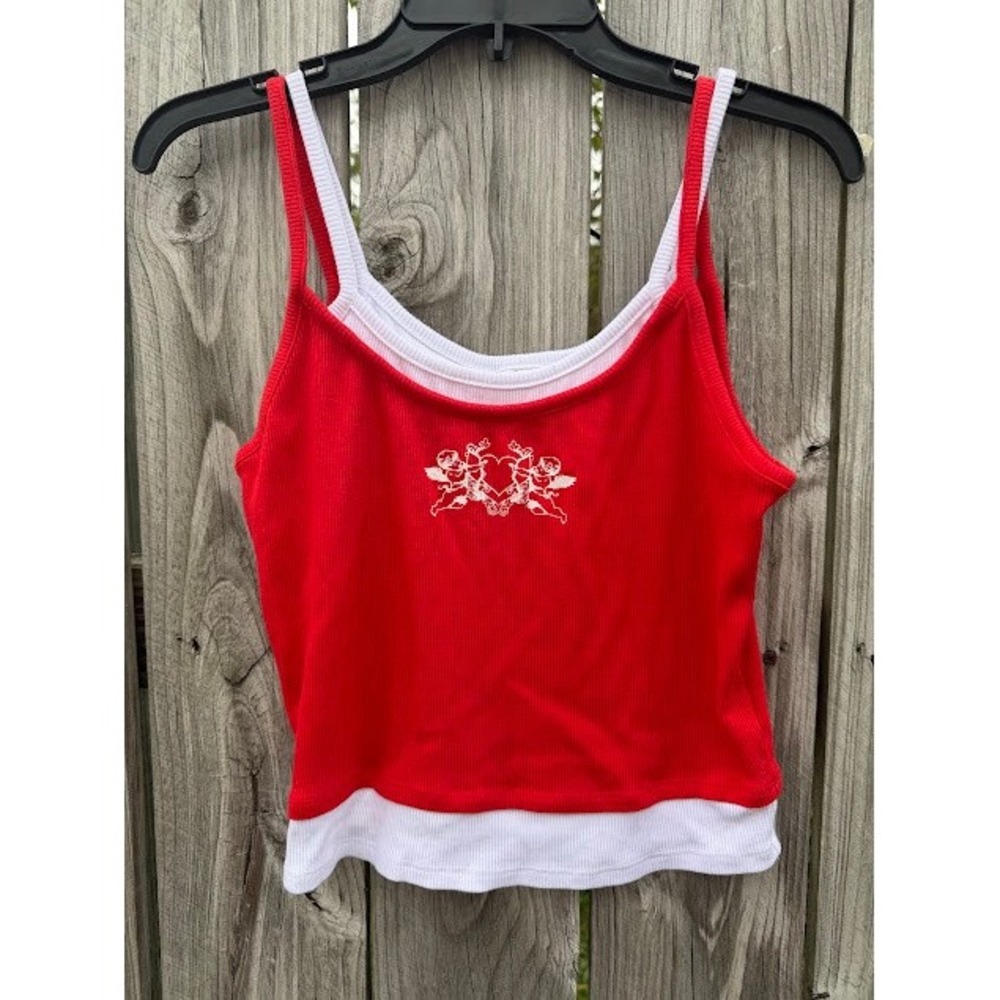 Y2K Coquette Cherub No Boundaries Tank Top L Red White Layered Ribbed Cami